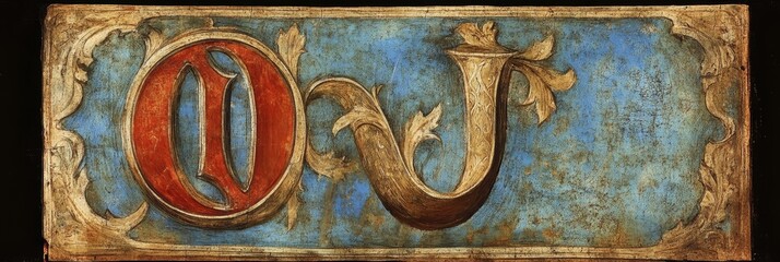 Illuminated manuscript style letters on a blue textured background with gold accents.