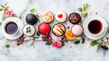 Colorful cupcakes, tea, and flowers arranged on a light gray surface