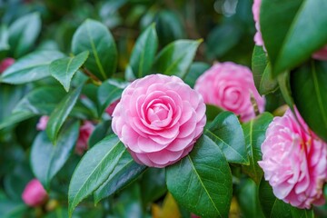 ひっそりと咲く満開のピンクの八重椿