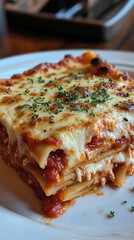 Delicious lasagna slice on a plate in a restaurant