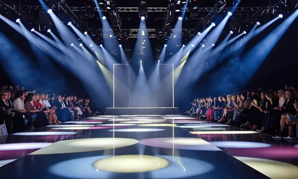 A fashion show stage with dramatic lighting and an audience ready to watch the event.