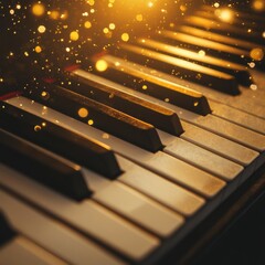Warm golden lighting illuminates aged piano keys, capturing the nostalgia of music on Jazz Day