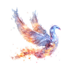 A Digital Phoenix Formed from Particles of Light Isolated on Transparent Background