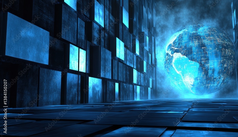 Poster digital background featuring blue glowing square shapes on the right side, with an earth globe in fr