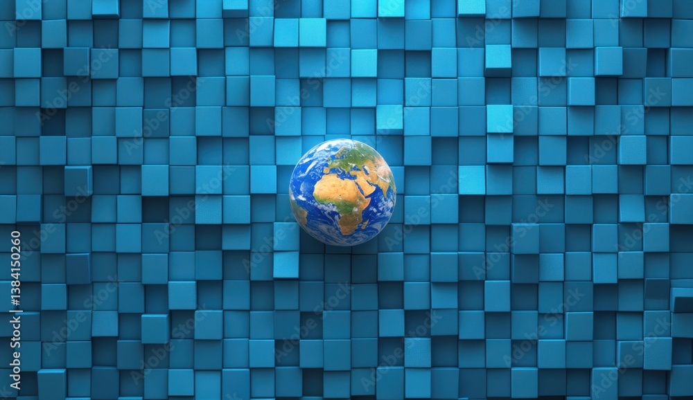 Poster digital background featuring a globe with blue, glowing square shapes on it, representing a global n