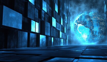 Digital background featuring blue glowing square shapes on the right side, with an Earth globe in front of it and map lines in black Generative AI