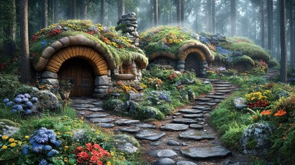 Obraz premium Enchanted woodland homes nestled among vibrant flowers and moss-covered paths