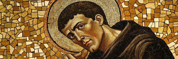 Mosaic art depicting a religious figure with a halo against a golden background.