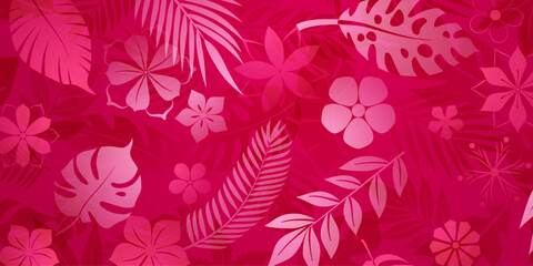 Obraz premium A vibrant vector illustration featuring tropical leaves and flowers in rich red tones, perfect for summer-themed designs.