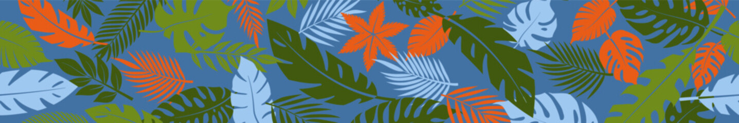 Horizontal seamless banner with a lively arrangement of stylized tropical palm leaves in bold colors, set against a blue backdrop.