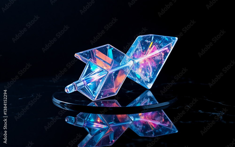 Poster prism-like transparent geometric object reflects blue and orange light on a black reflective surface