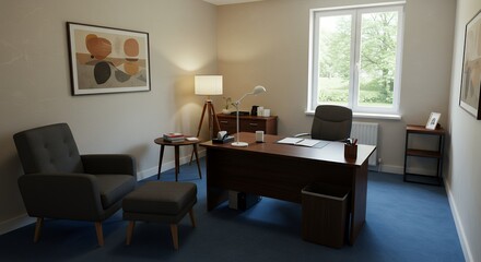Serene office interior with desk, chair, artwork, and a bright window, showcasing a modern workspace for productivity and comfort