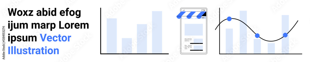 Poster bar graphs and line graph alongside a storefront mobile app interface. ideal for data analysis, mark