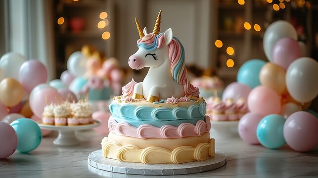 Delightful unicorn cake surrounded by party treats and pastel colored balloons