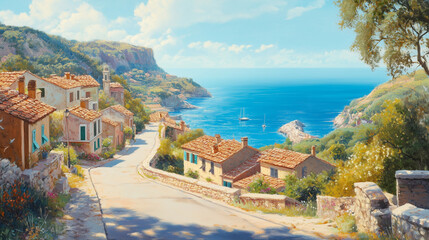 Under the bright sunlight, the sparkling blue sea stretches out to the horizon, while charming houses line the shore.