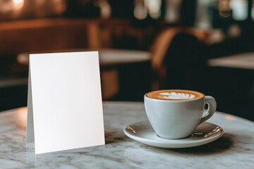 Fototapeta premium Blank folded card mockup on the table with cup of coffee