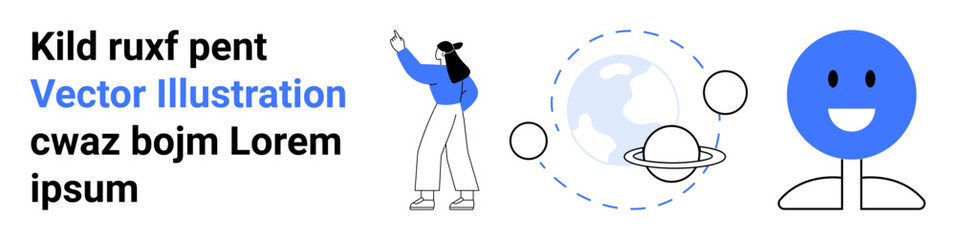 Woman gesturing at bold text, orbiting planets encircling Earth, and smiling face symbol. Ideal for education, presentations, creativity, exploration, teamwork, communication simple landing page