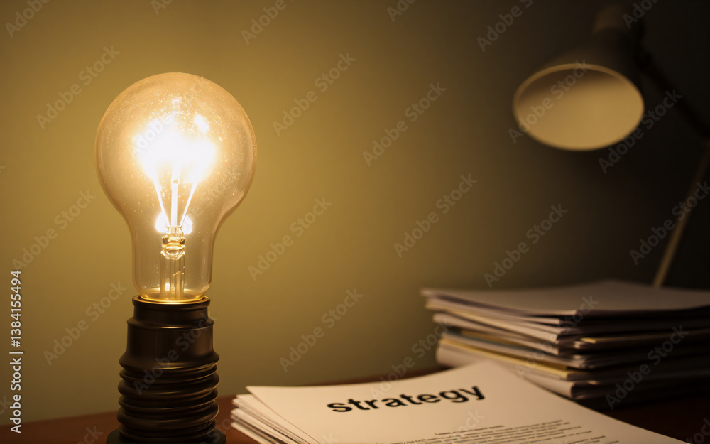 Poster illuminated light bulb on a desk with papers suggests idea generation and strategic thinking in a di