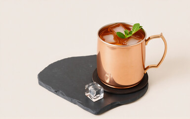 A refreshing iced beverage is presented in a shiny copper mug, garnished with a sprig of fresh mint.  The drink with ice cubes sits on a dark grey slate coaster, with a single ice cube resting beside 