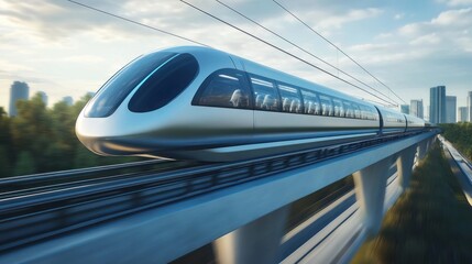 Fototapeta premium Futuristic maglev train zipping over elevated tracks in a modern cityscape. Passengers are visible inside the sleek, silver train.