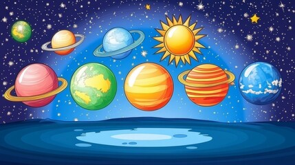Naklejka premium A digital education universe where floating planets represent different fields of study