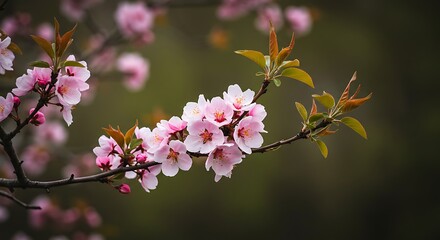 Blooming Cherry Blossom Branch with Pink Flowers in Springtime Season