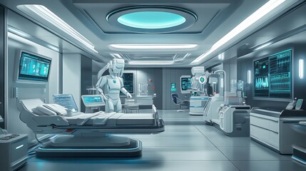 Fototapeta premium Futuristic medical room with robot assistant and advanced equipment.
