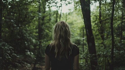 Naklejka premium Woman in a Forest: A Serene Landscape Photography