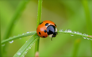 Fototapeta premium A ladybug rests on a vibrant green blade of grass, adorned with glistening water droplets. This close-up shot captures the intricate details of the insect and its dewy natural environment.