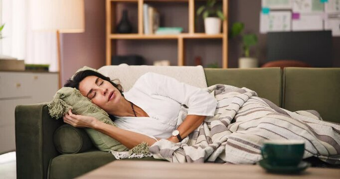 Stress, hurt and woman with stomach pain on couch in morning with ache for periods and IBS in home. Menstrual, sick and belly discomfort from endometriosis with crisis, PMS and digestion problems