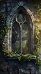 Fototapeta premium Gothic Window: An Enchanting View into the Forest