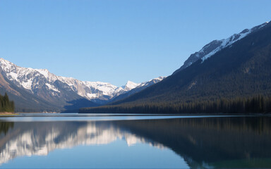 Fototapeta premium A serene landscape featuring a calm lake reflecting snow-capped mountains and evergreen forests under a clear blue sky. The tranquil scene showcases natural beauty.