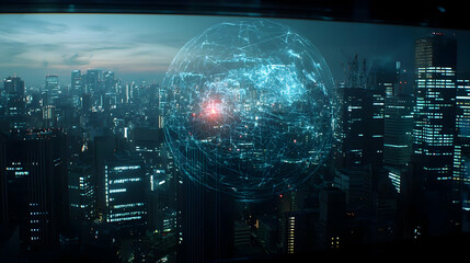 Fototapeta premium Digital Sphere Over Illuminated Asian Cityscape At Night