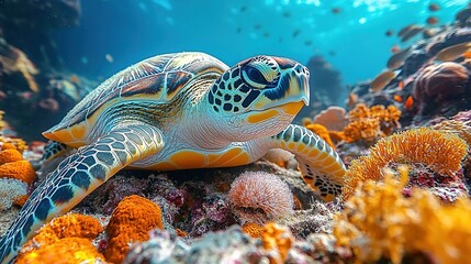 Obraz premium Majestic sea turtle peacefully resting amongst vibrant coral reefs marine habitat