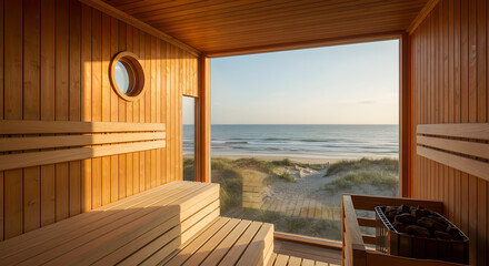 Inviting Beachfront Sauna Retreat with Cedar Interior and Ocean Vista