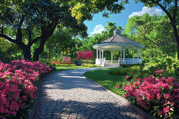 Obraz premium A charming stone path leads to a white gazebo flanked by vibrant pink blooms under a canopy of lush trees.