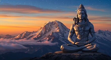 Fototapeta premium Meditative shiva idol amidst serene mountain range under twilight ambiance