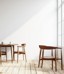 Simple, modern dining area with warm wood tones.  Sunlight streams through large windows, highlighting the clean lines of the furniture. A small, round table and two chairs create a cozy space