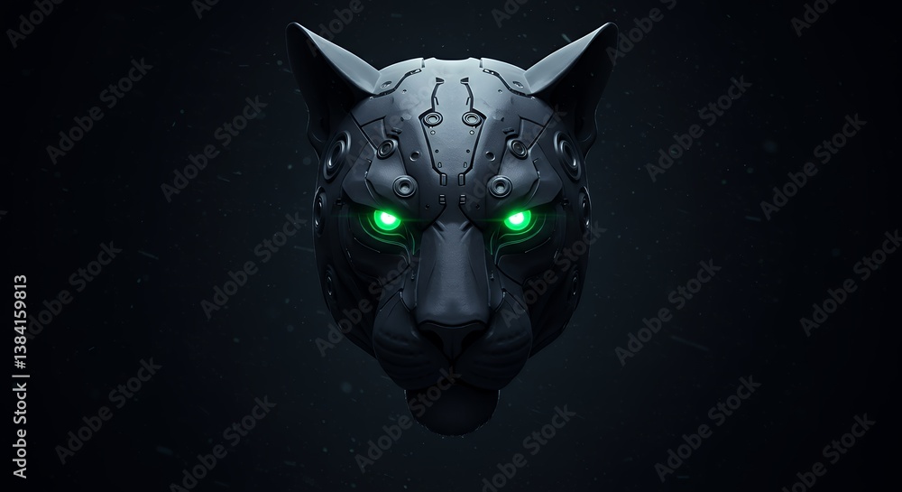 Poster futuristic robotic panther head with glowing green eyes displaying advanced technology and artificia
