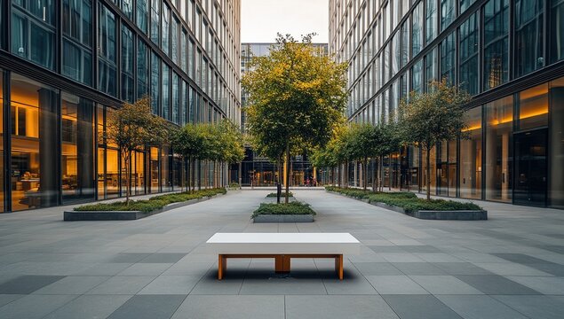 Modern City Park with Bench and Trees