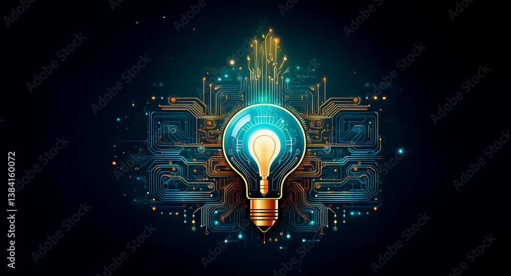 Poster glowing light bulb emanating bright light, surrounded by intricate circuit board patterns and golden