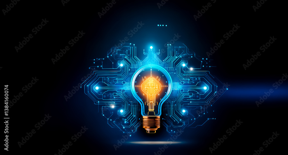 Poster glowing light bulb with circuit board design on dark backdrop. an illuminated symbol of idea generat