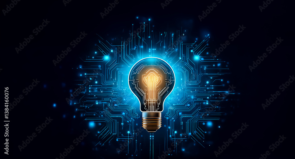 Aufkleber illuminated lightbulb with blue circuit pattern and dots on dark backdrop. represents innovation, te