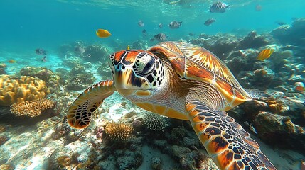 Close-up of a sea turtle gracefully swimming through a coral reef ecosystem