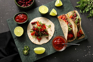 Tray with fresh tasty tacos and ingredients on black speckled background