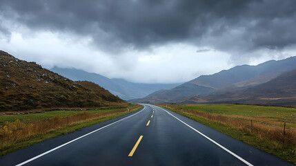 Naklejka premium Rainy Mountain Road Through Valley Landscape
