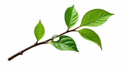 Single isolated branch with dew drops on white background, branch, dew drop
