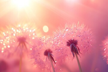 Close Up of Dandelion Seed Heads at Sunset with Pink and Orange Glow