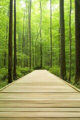 Fototapeta premium A serene wooden walkway meanders through a lush green forest, surrounded by tall trees, Ideal for nature-themed projects, wellness initiatives, or travel brochures promoting ecotourism,