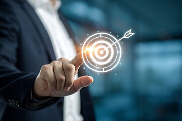 Business achievement objective target concept, strategic planning for business growth and target customer group. Businessman holding target icon for business objective.